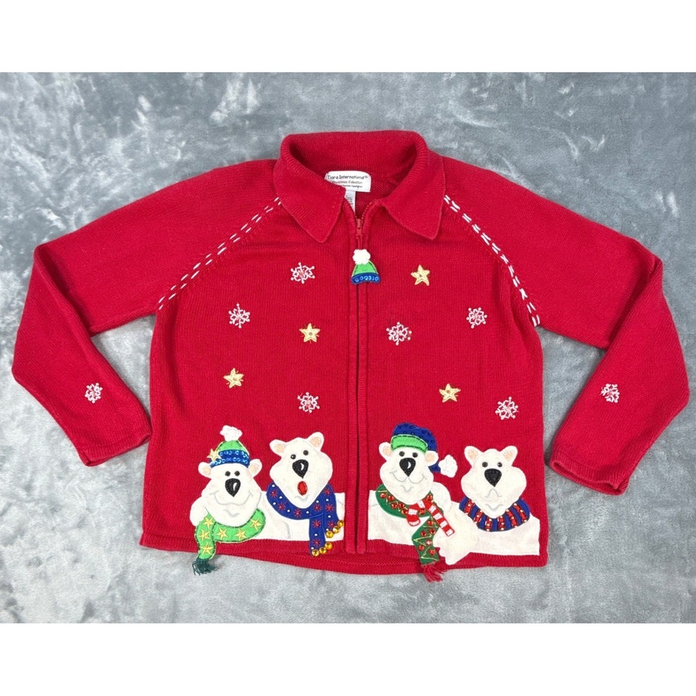 Tiara International Polar Bear Ugly Christmas Sweater Red Zip Up Cardigan Lg VTG